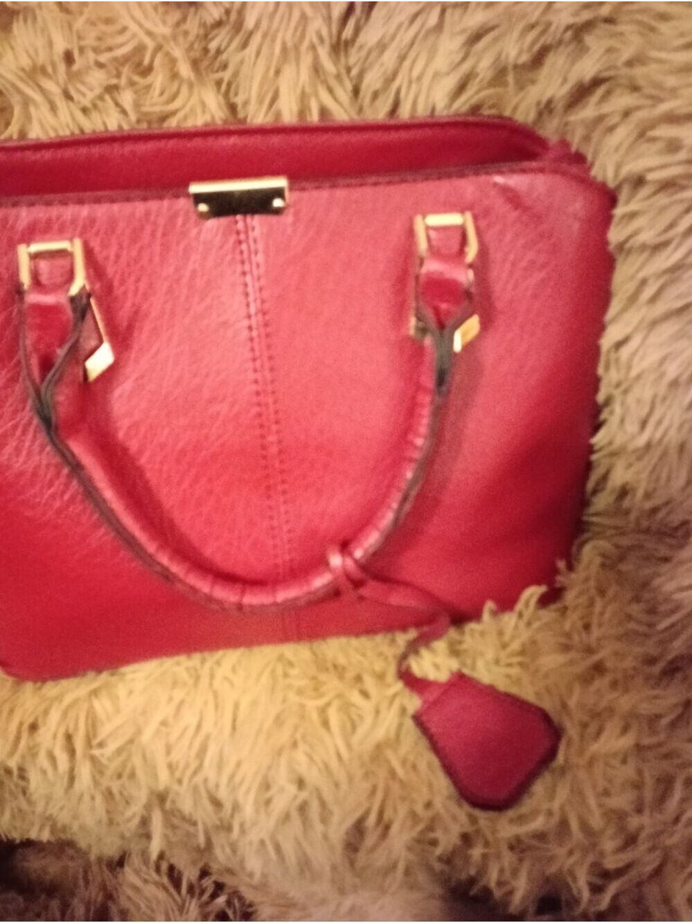 Red Structured Satchel Tote Handbag Faux Leather Top Handle Purse Gold Hardware - Picture 8 of 10